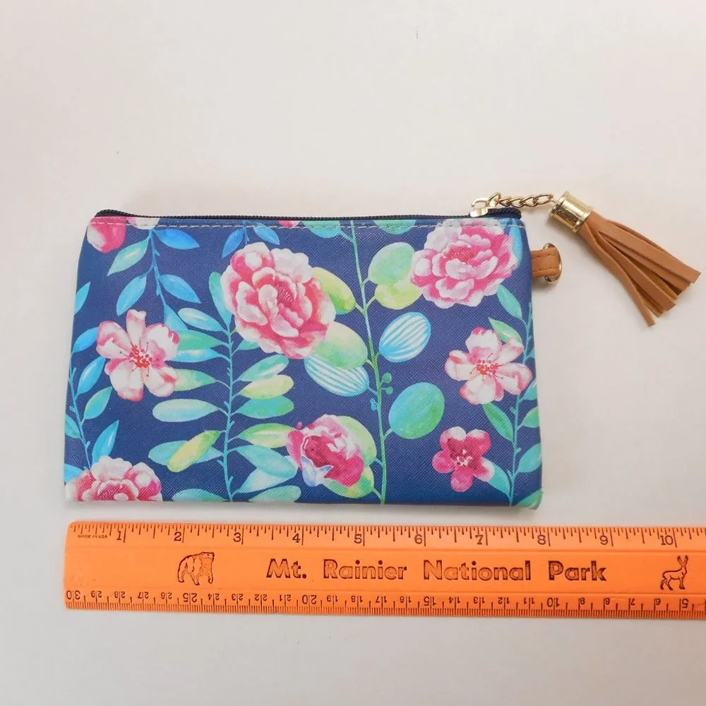 L.I.B New York Brand Zip Pouch Blue / Pink Floral Pattern for Makeup Cosmetics